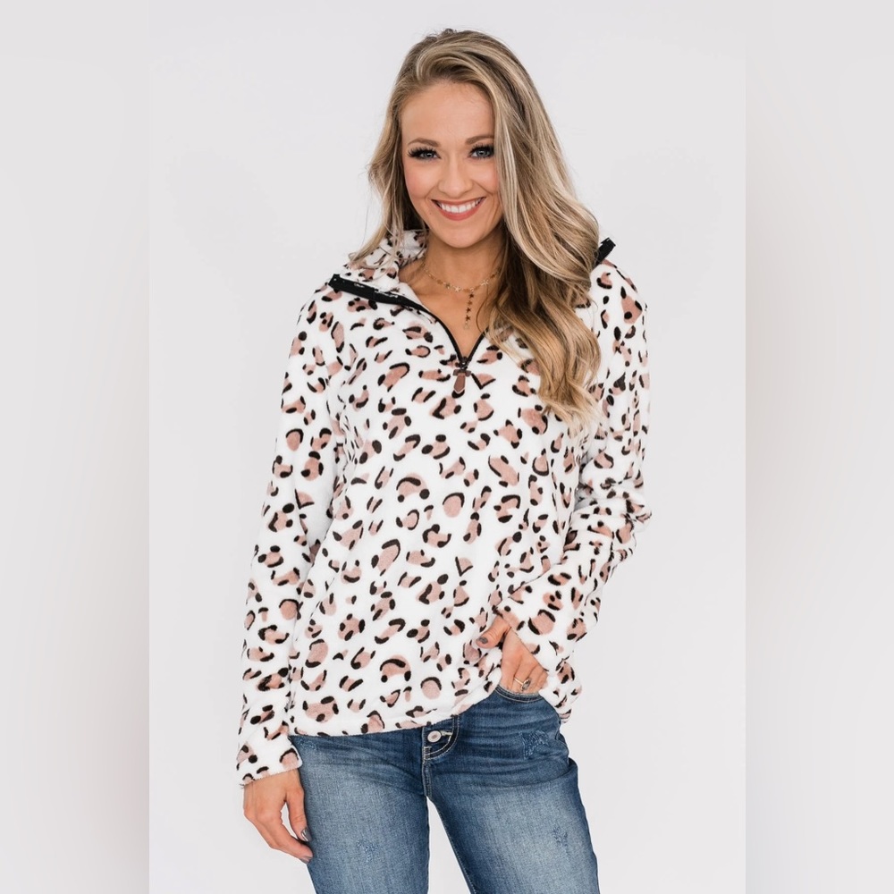 Leopard print sherpa fleece 1/4 zip Pullover